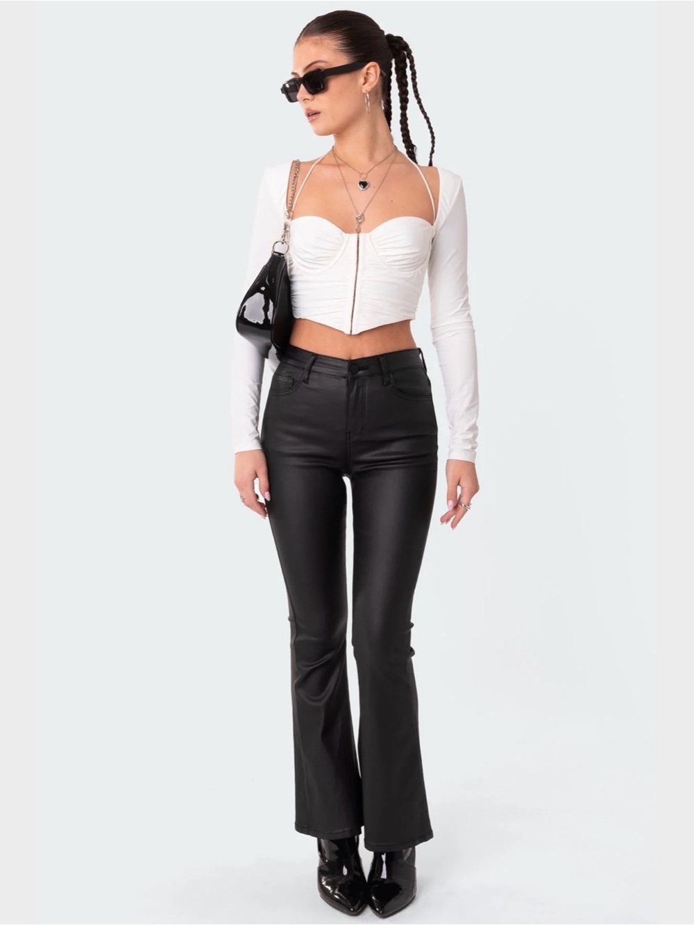 Edikted Petite Luna Faux Leather Flare Jeans Sz XS